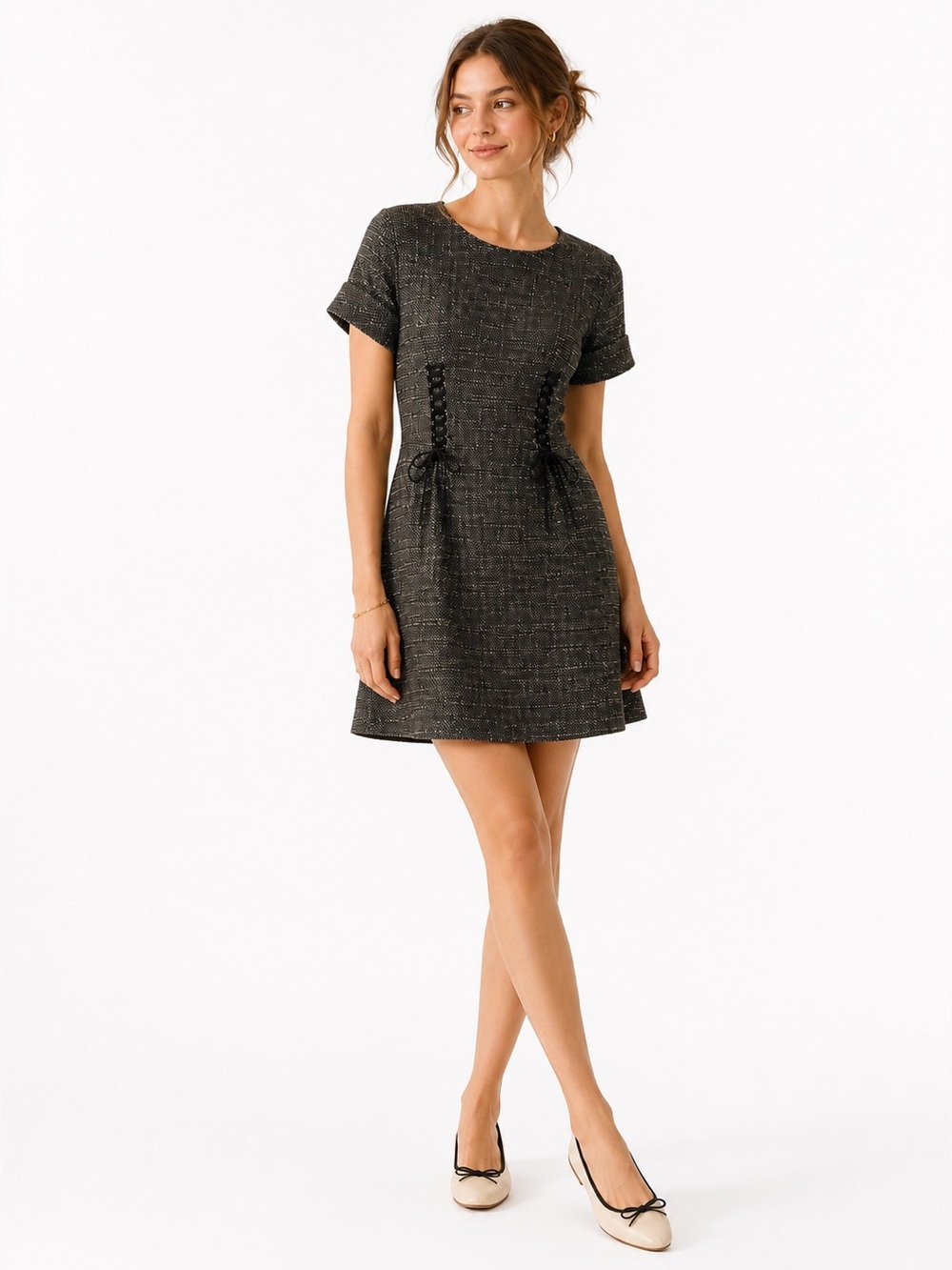 3.1 Phillip Lim Linen Tweed A Line Mini Dress Black Tan Size 4